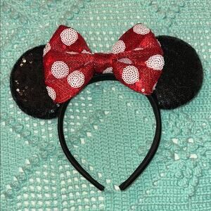 Sequin Mouse Ears Headband with Red Polka Dot Bow